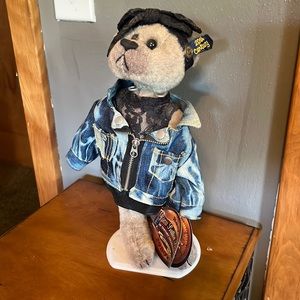 Brass Button Bear comes with Stand  dressed in Jean Jacket